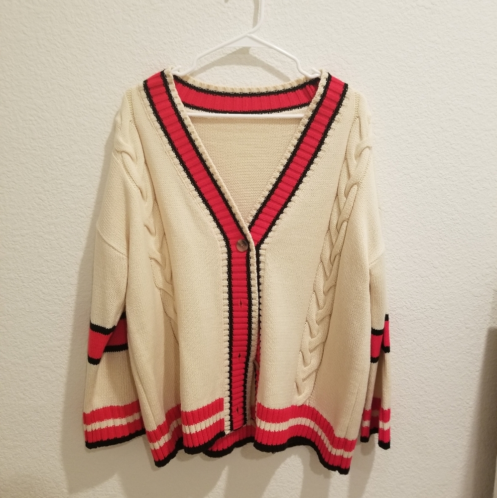 Kfashion Beige and Red Knit Cardigan